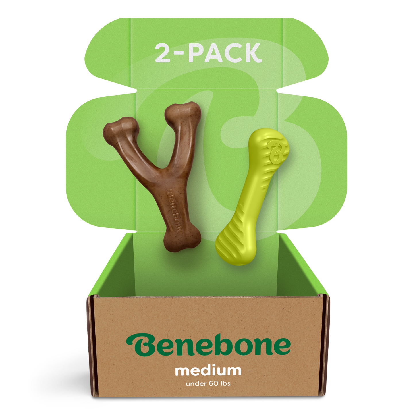 A cardboard box labeled Benebone Chew & Chase Duo (2-Pack) contains two durable dog toys for under 60 lbs: a bacon-flavored brown Y-shaped chew and a yellow bone-shaped toy, both with an open green interior.