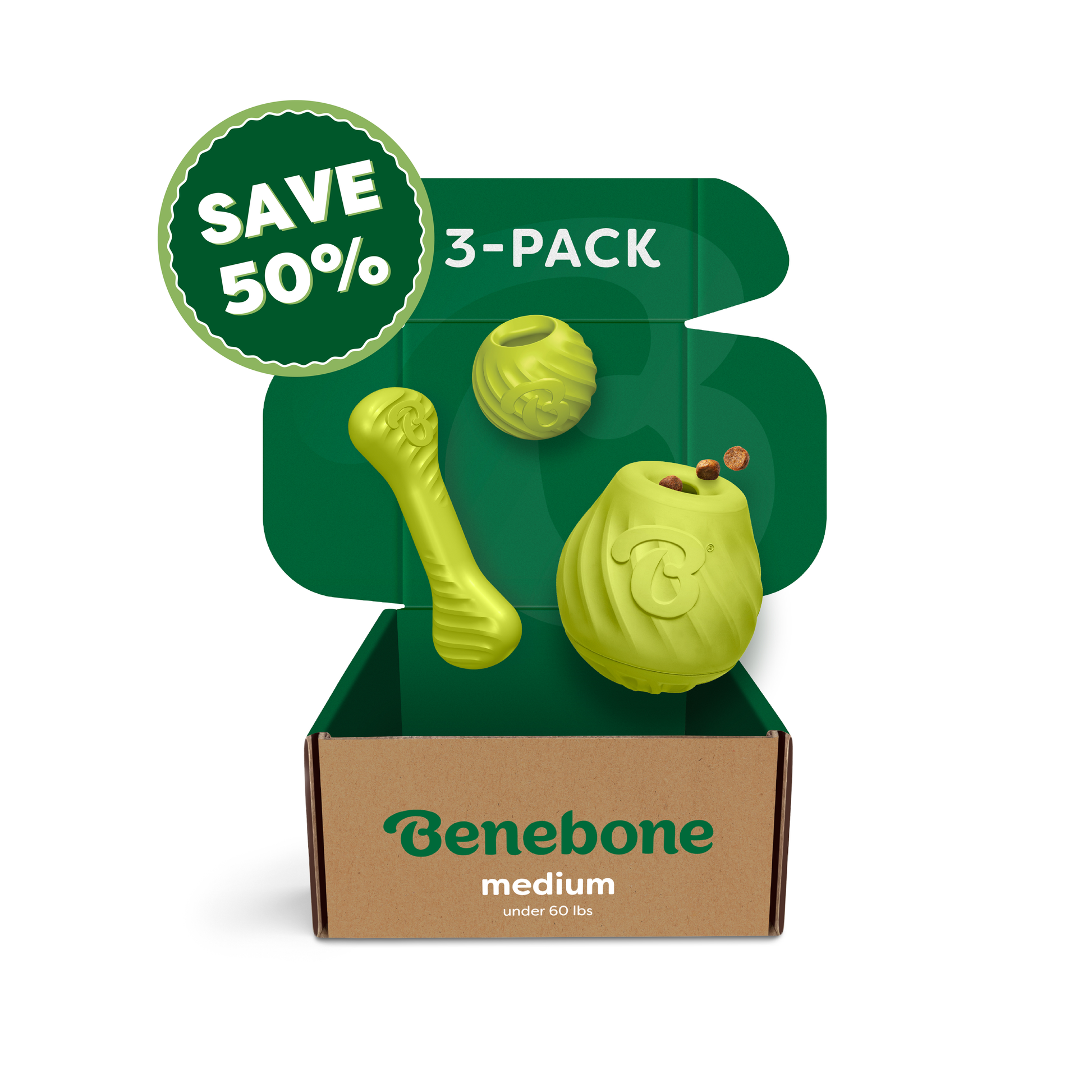 Open Benebone Chew, Chase, Challenge Trio box (medium, under 60 lbs) with three yellow-green durable dog toys. The lid says 3-pack in white; a green badge reads 50% off.