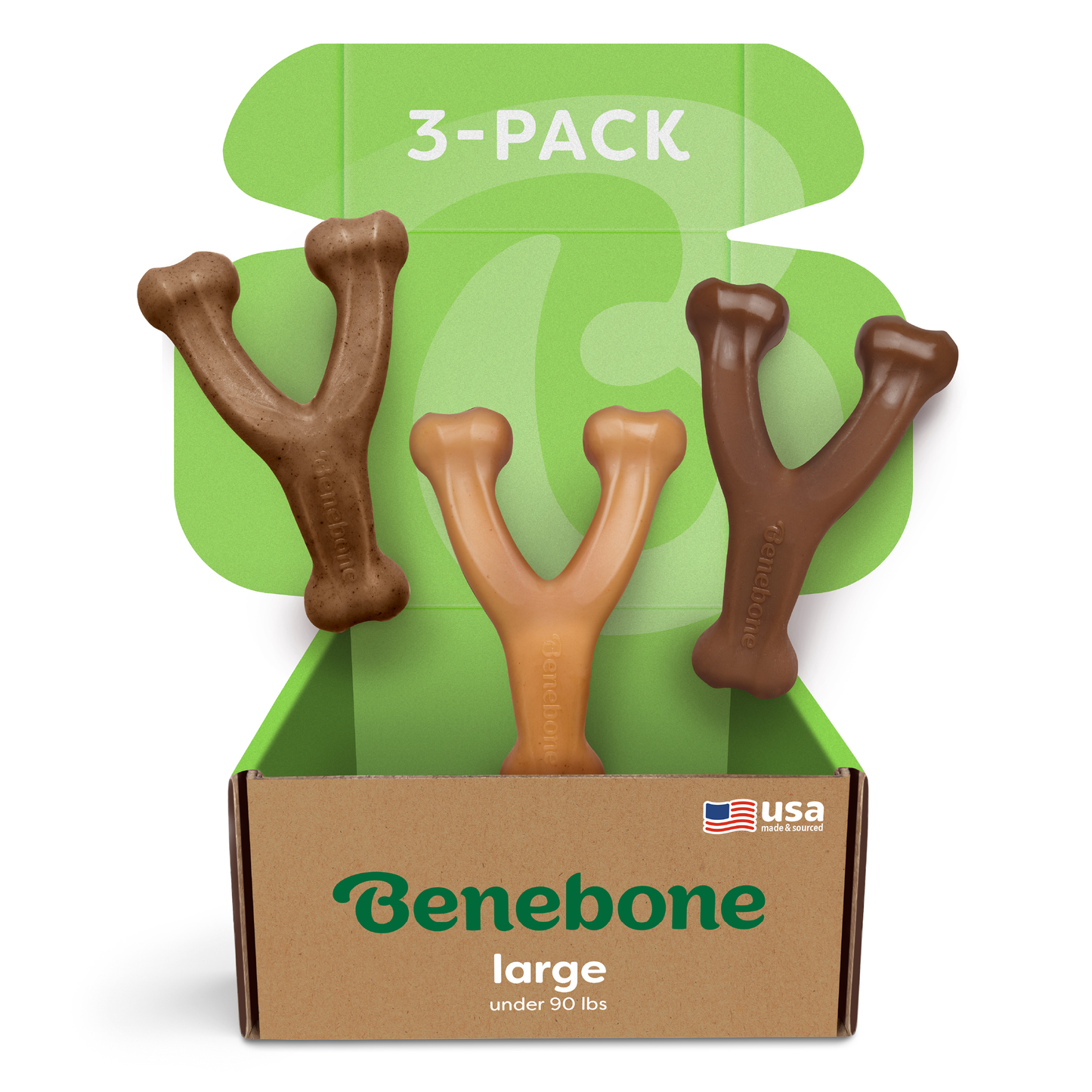 A box labeled Benebone Wishbone Trio shows three brown chew toys with 3-PACK and a USA flag on the green lid—perfect as a durable dog toy.