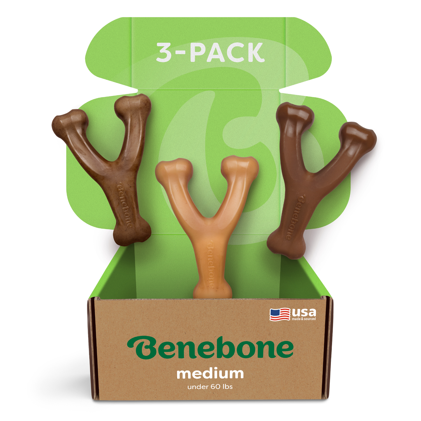 An open Benebone Wishbone Trio box for medium dogs under 60 lbs shows three durable chew toys in various browns, marked “3-PACK,” with a small USA flag and highlights the Wishbone design.