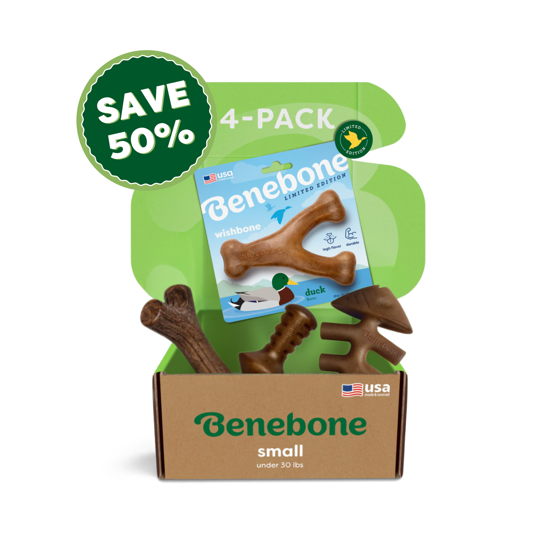 The Benebone Limited Edition Chew Collection (50% off) offers four durable chew toys for small dogs, in assorted shapes, packaged with a blue Wishbone showing a duck. A green “Save 50%” label appears in the top left corner.