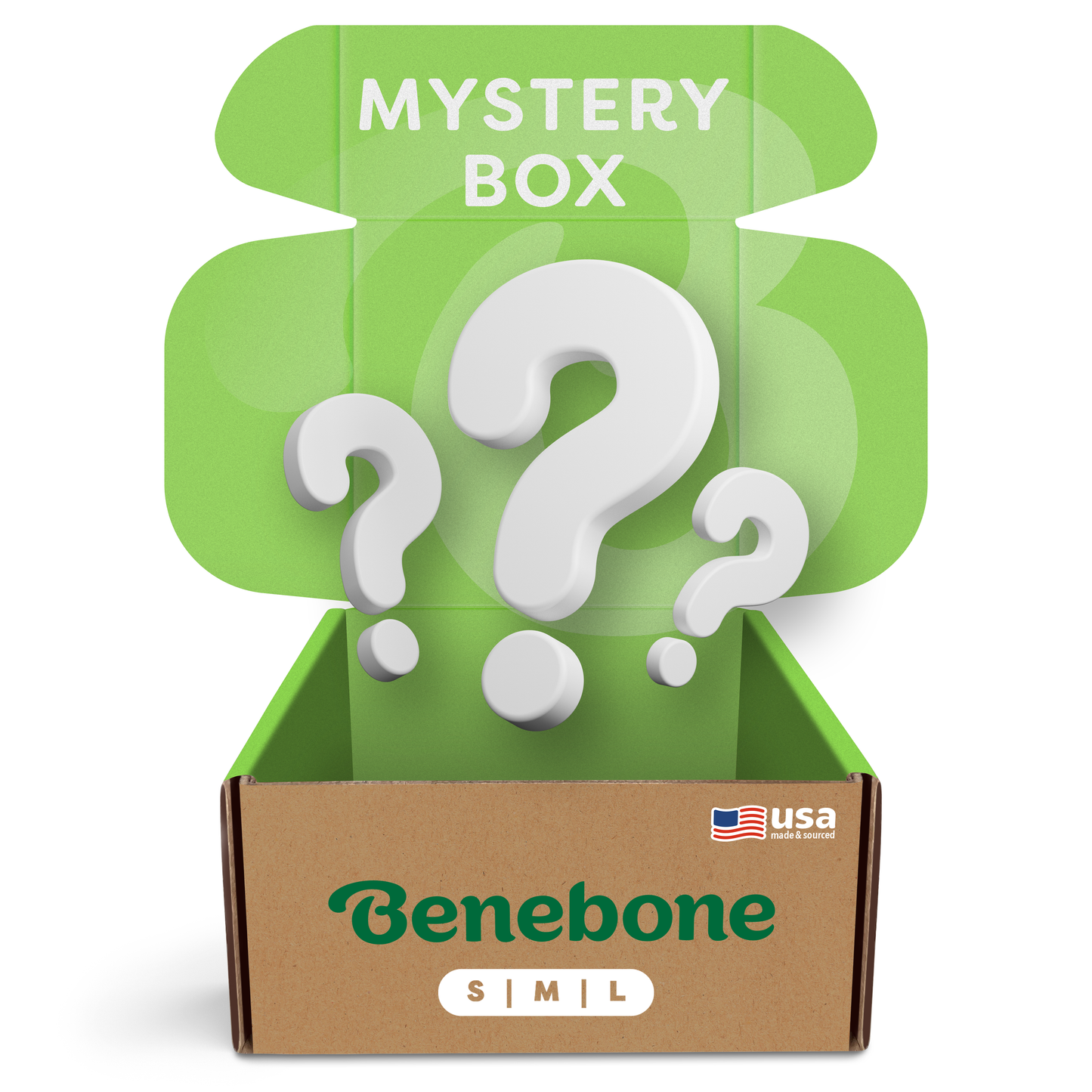 An open cardboard box labeled Benebone Mystery Box features an American flag and "Made in USA," with a green lid reading "MYSTERY BOX" and large white question marks—perfect for discovering new durable dog toys.
