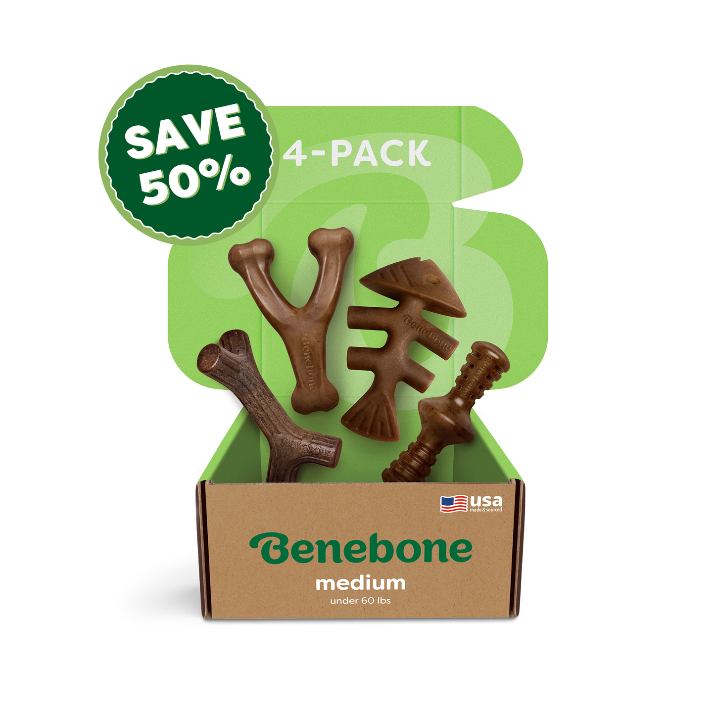 Open Benebone Classic Chew Collection box (50% off) containing four uniquely shaped brown chew toys. Box features a green SAVE 50% burst, a USA flag icon, and 4-PACK printed inside the lid.