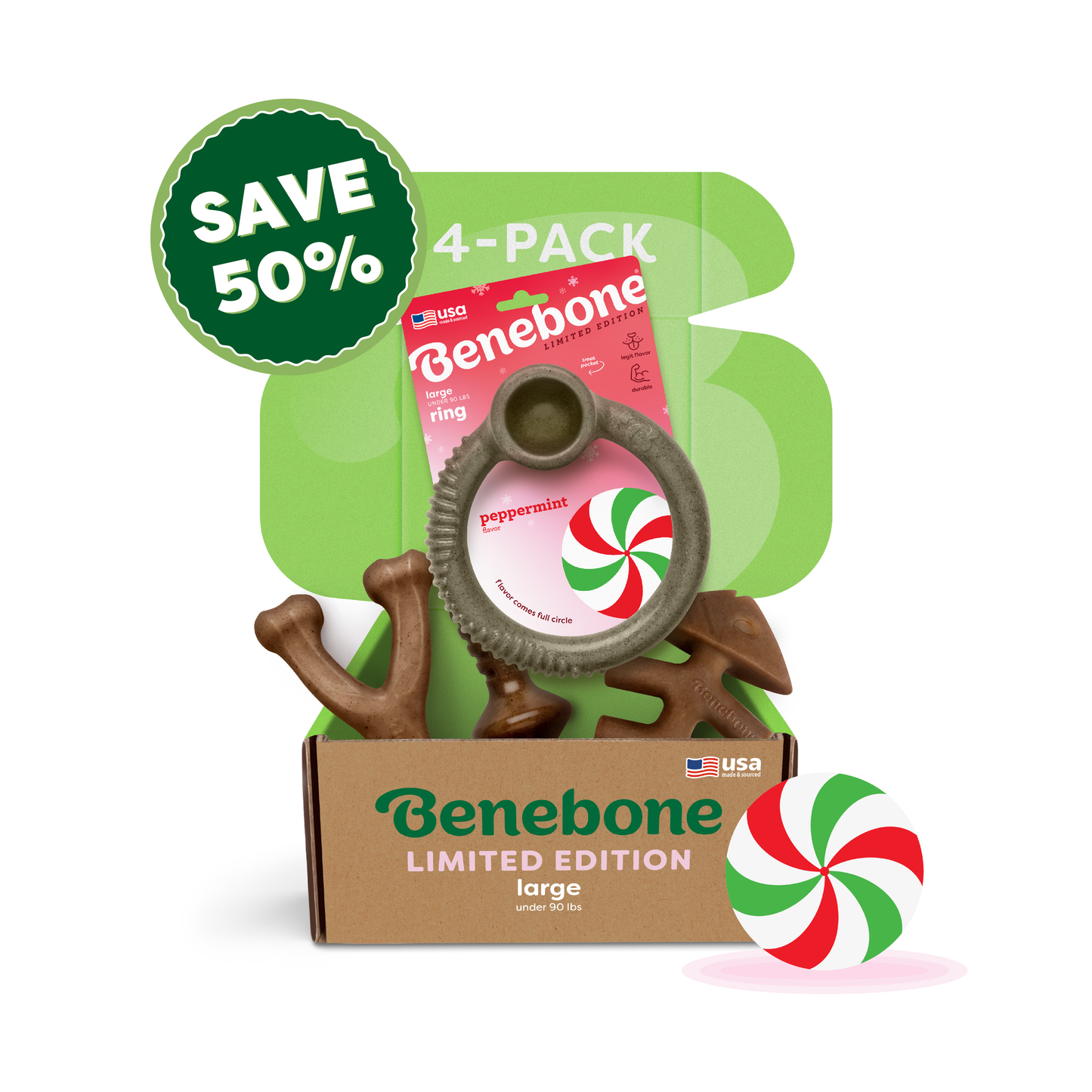 Open box labeled Benebone Limited Edition Chew Collection (50% off), showing four large durable dog chew toys plus a peppermint-themed ring. Features a green SAVE 50% badge and peppermint candy graphic.