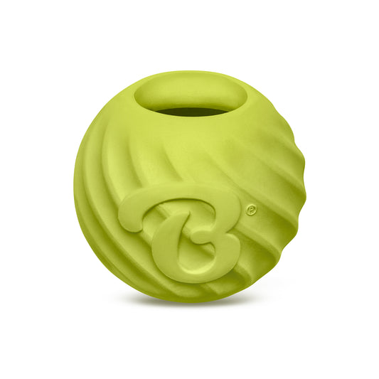 The Benebone Ball is a round, green dog toy made from natural rubber with a textured swirl pattern, a large “B” logo, and an oval opening at the top for hiding treats.