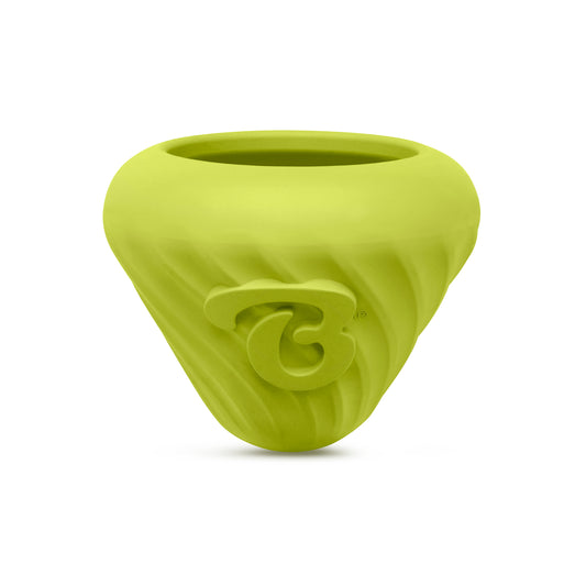 The Benebone Cone is a bright green, cone-shaped dog toy featuring a wide top opening, swirled textured surface with a raised logo, and tricky inner pockets to keep dogs entertained.