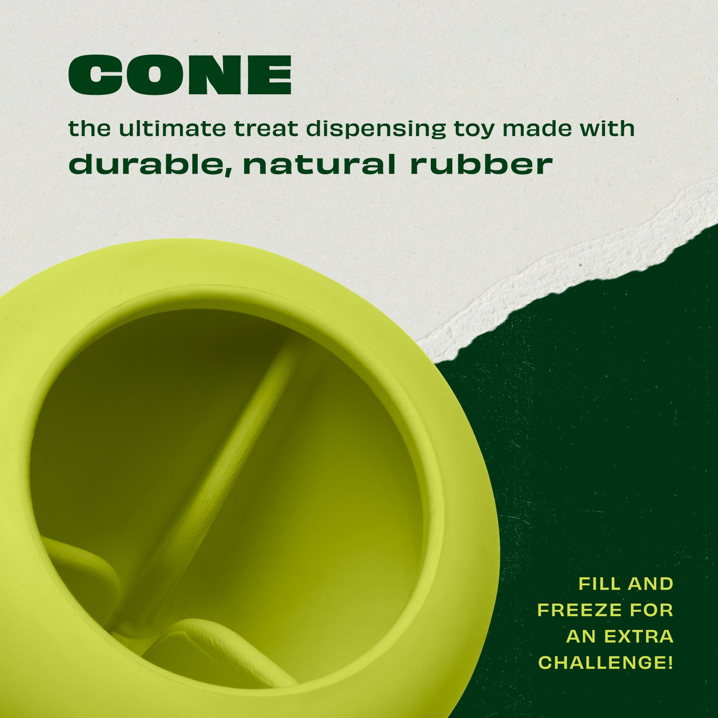 Introducing the Benebone Bounce Cone: the Ultimate Treat Dispensing Toy Made with Durable, Natural Rubber. Fill and Freeze for an Extra Challenge!
