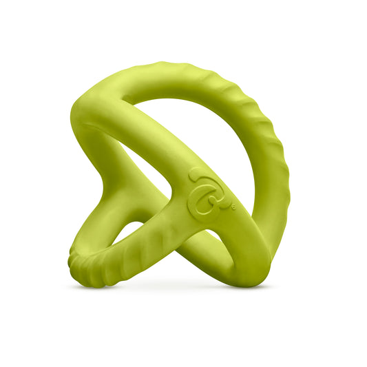 The Benebone Tug is a bright green, triangular chew toy made from natural rubber, featuring three rounded handles for superior dog grip and textured edges, designed for pets.