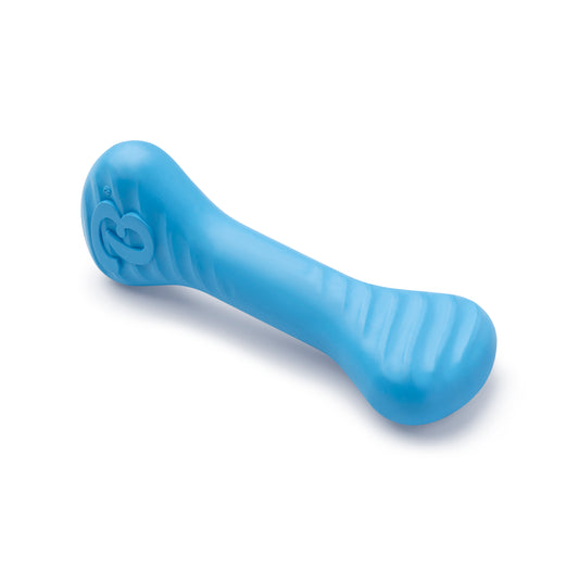 The Benebone Puppy Bone is a blue, bone-shaped chew toy made from natural rubber with textured grooves, ideal for teething puppies and featured on a white background.