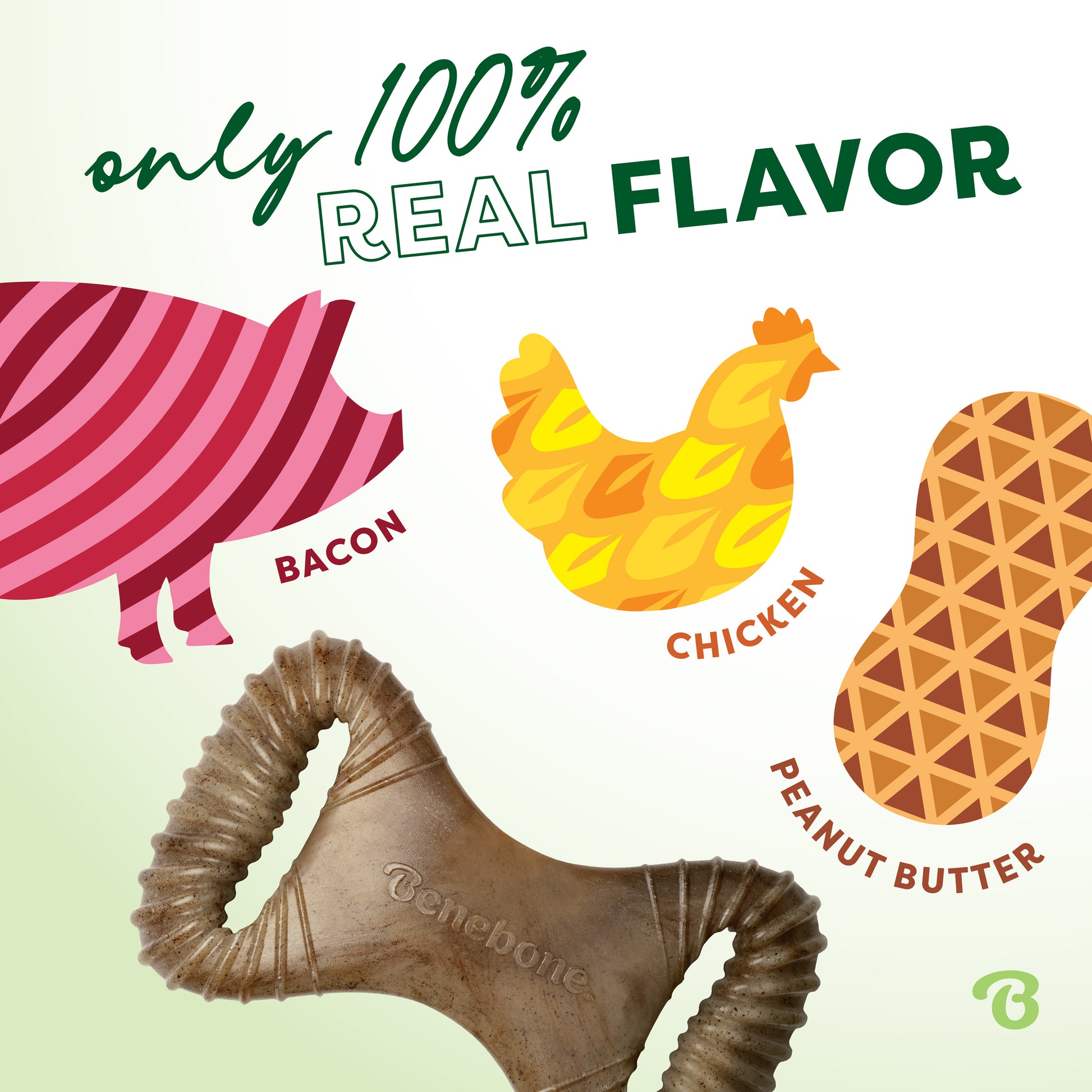 Illustration of a pig (Bacon), chicken (Chicken), and peanut (Peanut Butter) above a Benebone Dental Chew, highlighting that it delivers only 100% real flavor.