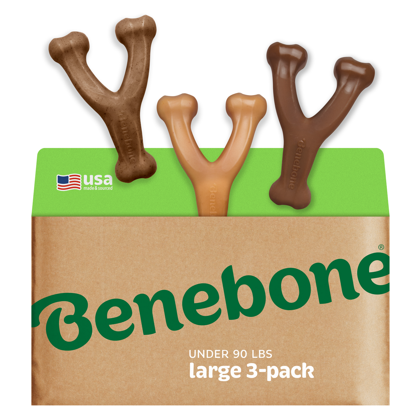 Three Y-shaped Benebone Wishbone Trio chews in brown and tan stick out of a brown and green box labeled "large 3-pack, under 90 lbs"; a small USA flag shows these durable dog toys are made in the USA.
