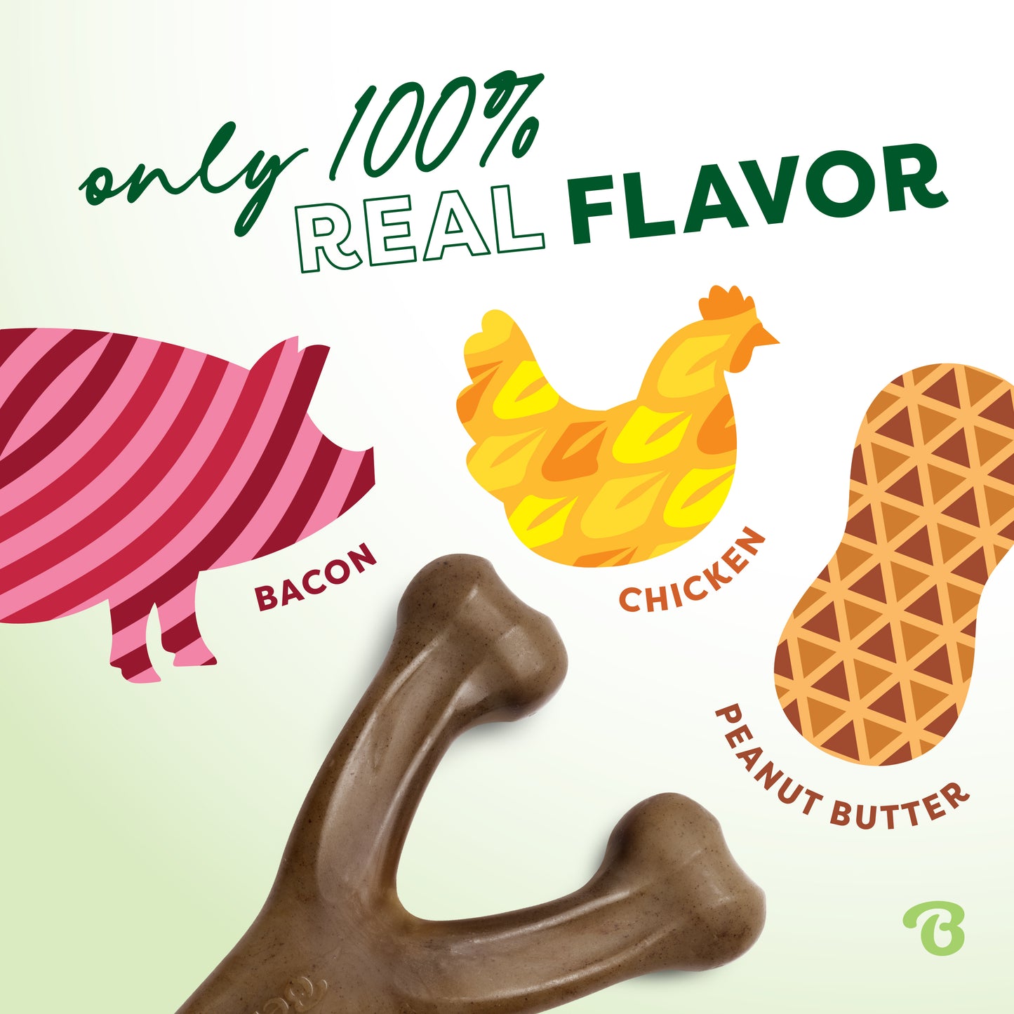 Illustration shows bacon, chicken, and peanut butter with a durable Benebone Wishbone dog toy below. Text reads: Only 100% real flavor. Bacon, chicken, peanut butter—your dogs new favorite Wishbone chew toy!.