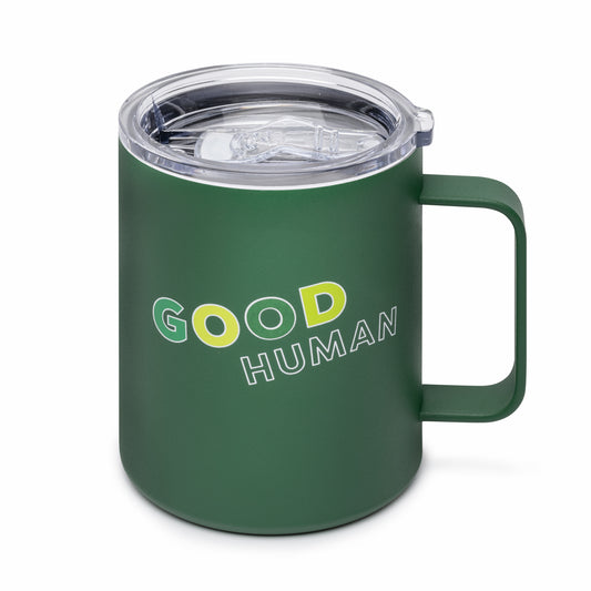 Benebone branded green insulated mug wit hcover  with text printed on it "good human"