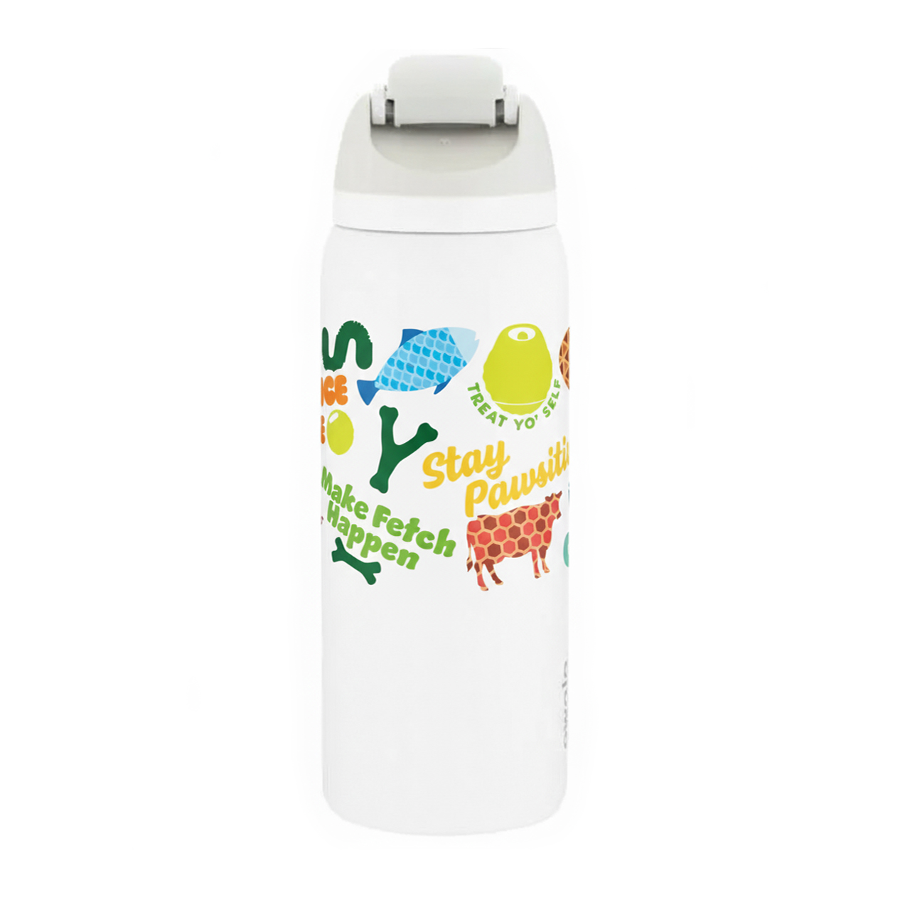 The Benebone Owala Water Bottle features a flip-top lid, vibrant dog-themed graphics, and playful phrases like “Treat Yo Self.” This stainless steel bottle keeps drinks cold and adds fun style to any outing.