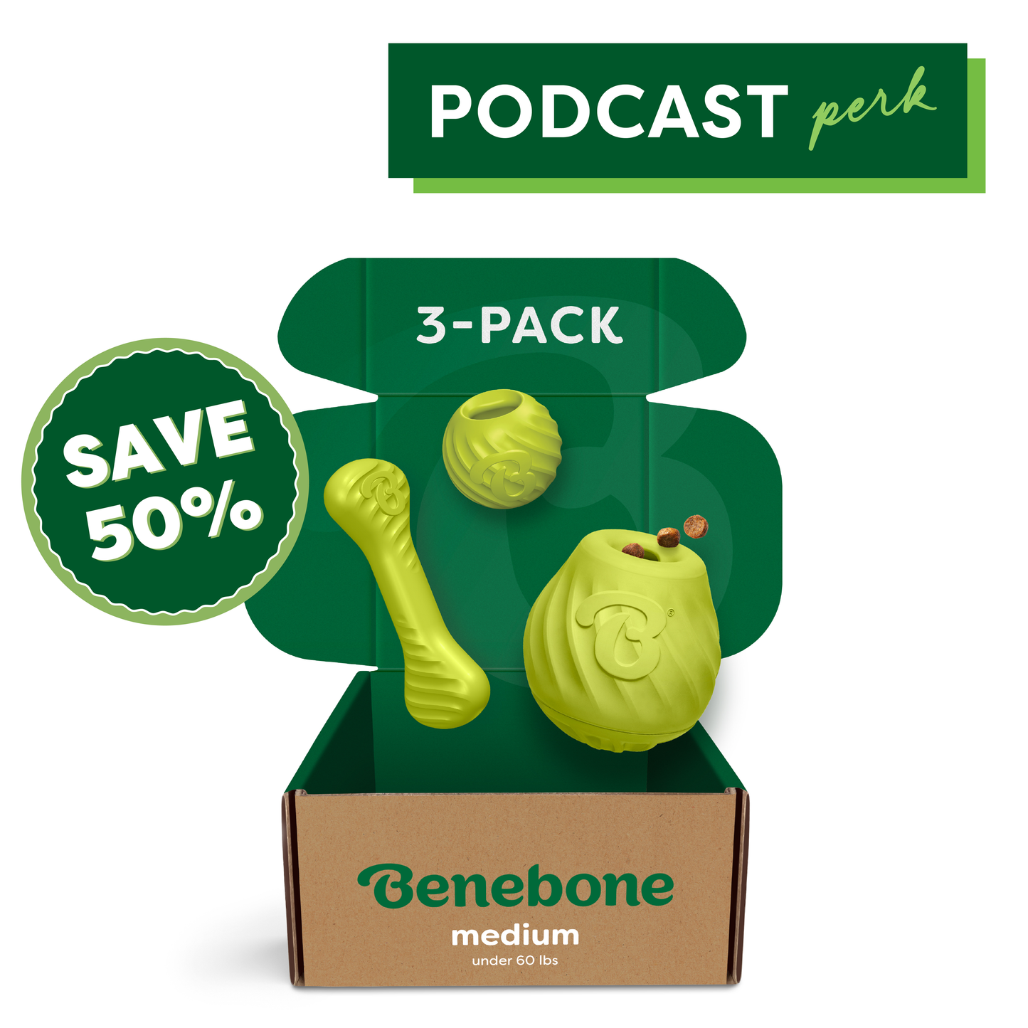 Open Benebone box labeled “Chew, Chase, Challenge Trio (50% off)” with three green dog chews. Text: “PODCAST perk,” “3-PACK,” and “SAVE 50%.” Great enrichment toys for dogs under 60 lbs.