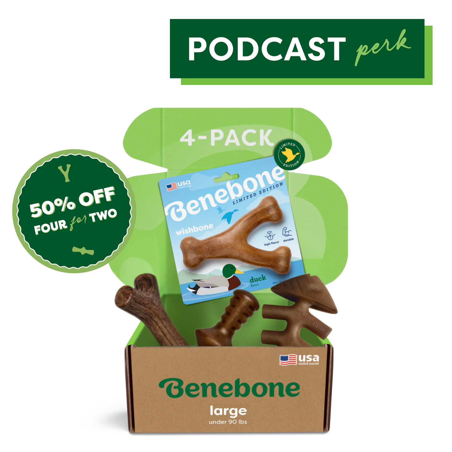 Benebone’s Limited Edition Chew Collection (50% off) is a large 4-pack durable dog toy set for dogs under 90 lbs, with a “four for two” badge and a PODCAST perk label on the box.