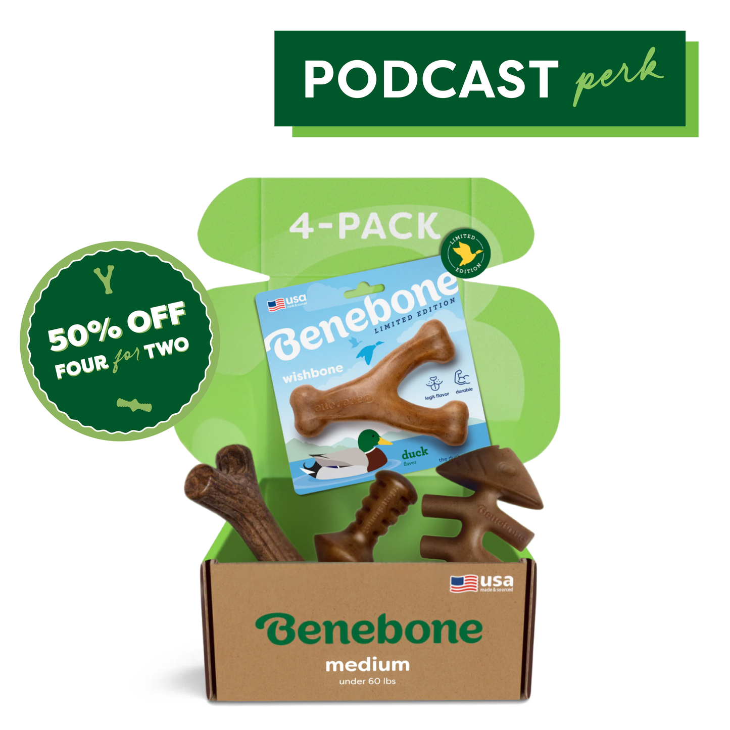 Benebone’s Limited Edition Chew Collection (50% off) features durable dog toys in assorted shapes, a wishbone design, a “Podcast perk” at the top right, and is available as a 4-pack box. Don’t miss this special offer!.