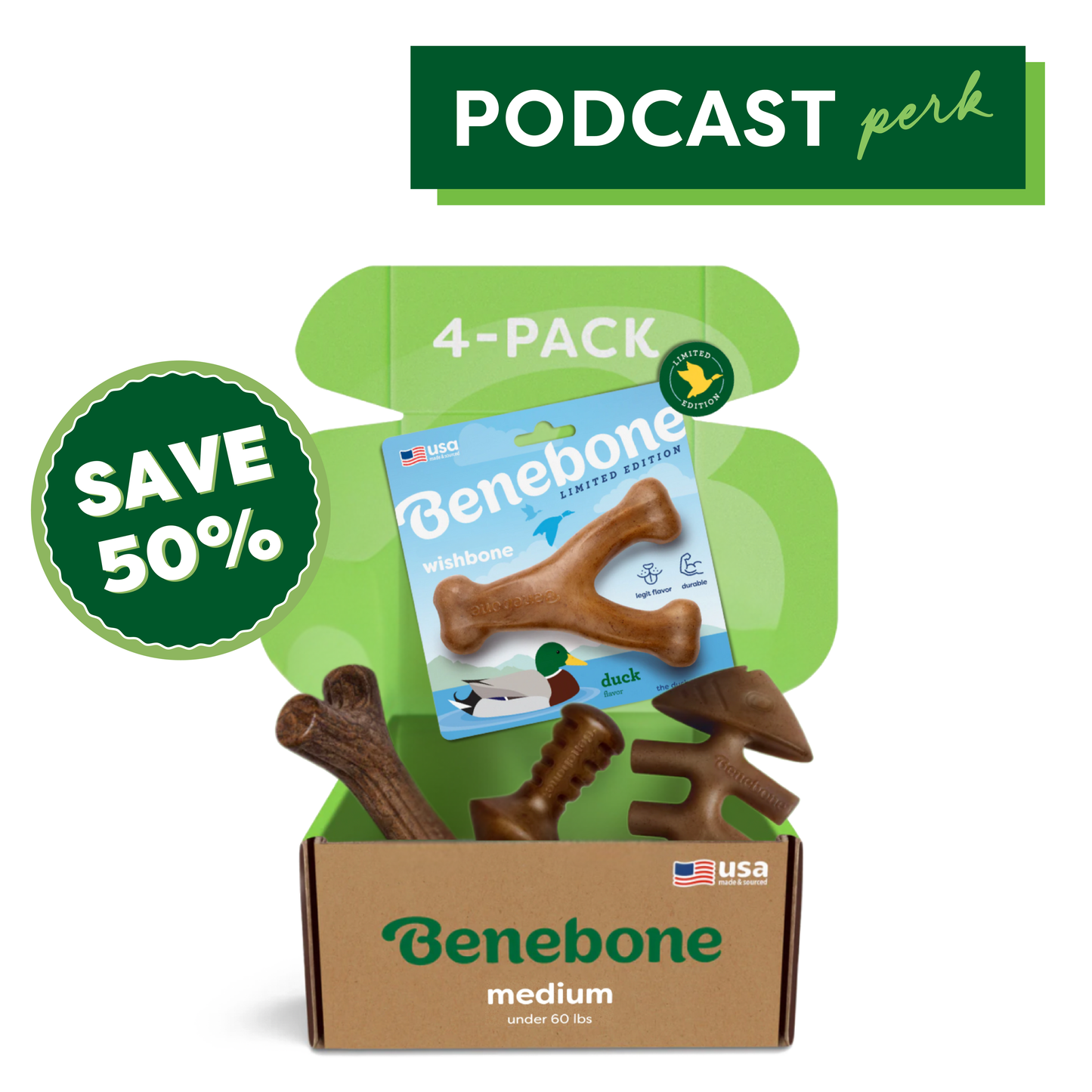 A medium Benebone box displays the Limited Edition Chew Collection (50% off), featuring four durable dog chew toys. A green PODCAST perk banner and SAVE 50% badge highlight the deal, with 4-PACK above the package.