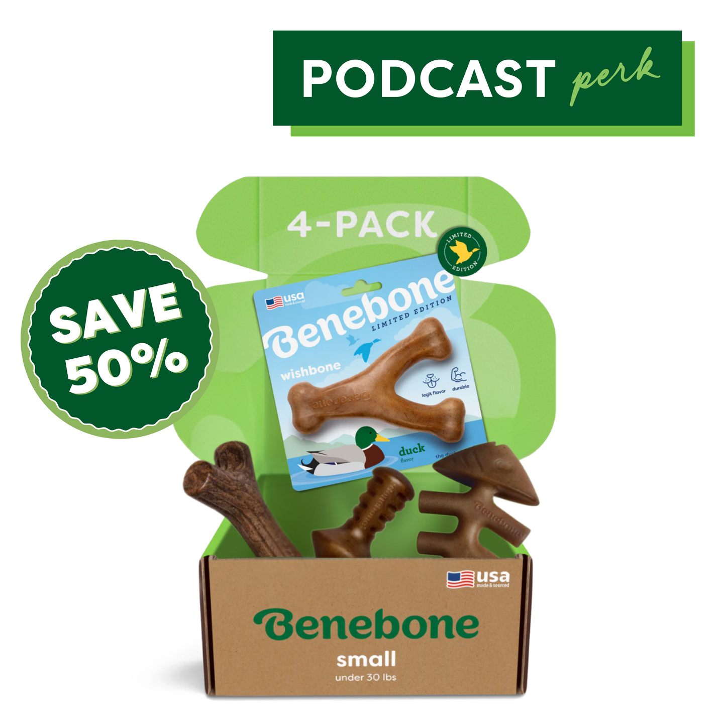 An open Benebone box reveals the Limited Edition Chew Collection (4 durable toys) for small dogs under 30 lbs. Save 50% on this limited offer. Text reads PODCAST perk, SAVE 50%, 4-PACK, with a USA flag icon.