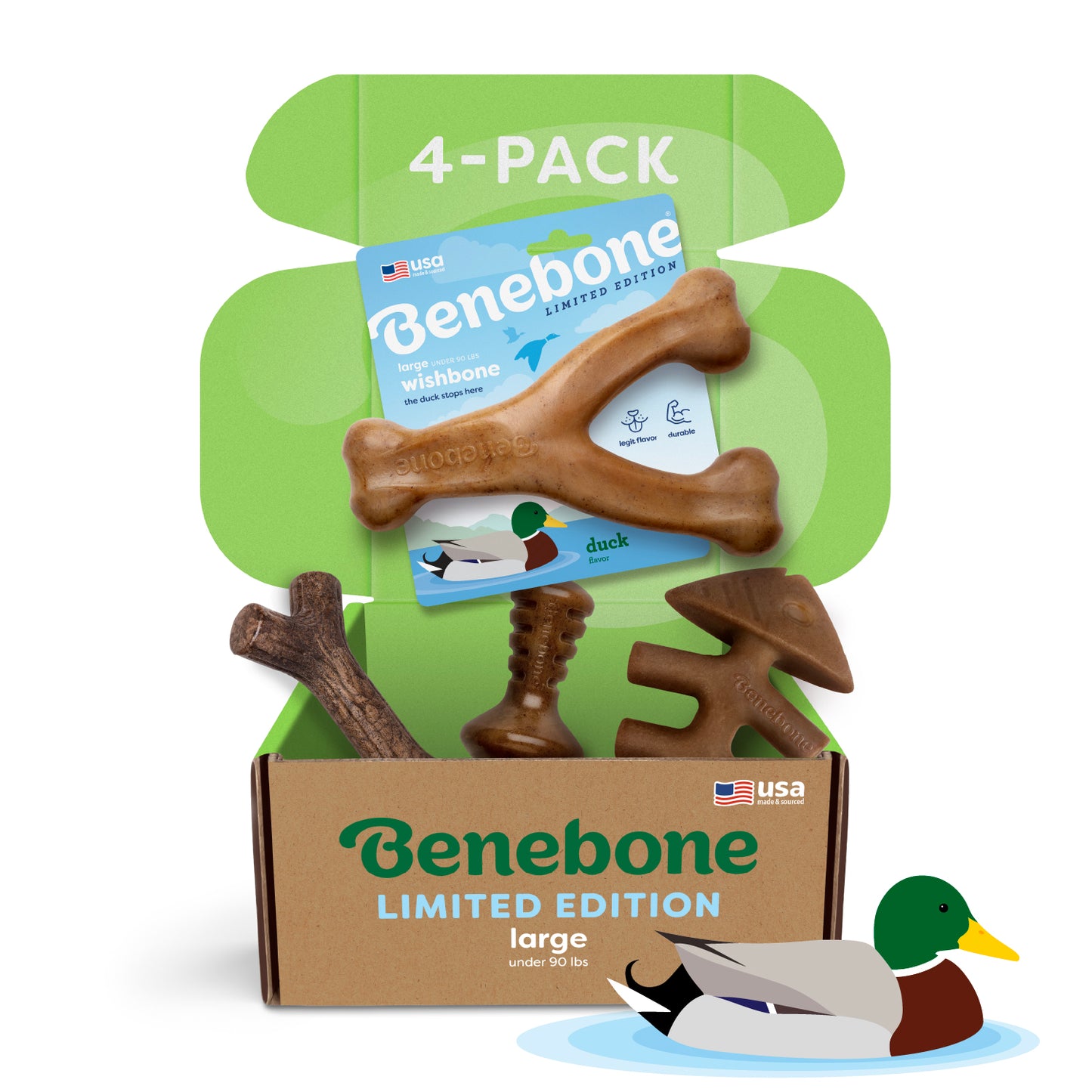 The Benebone Limited Edition Chew Collection (4-Pack) comes in a cardboard box with four brown chew toys in playful shapes, a green duck graphic, 4-Pack text on the lid, and a cartoon duck in the bottom right corner.