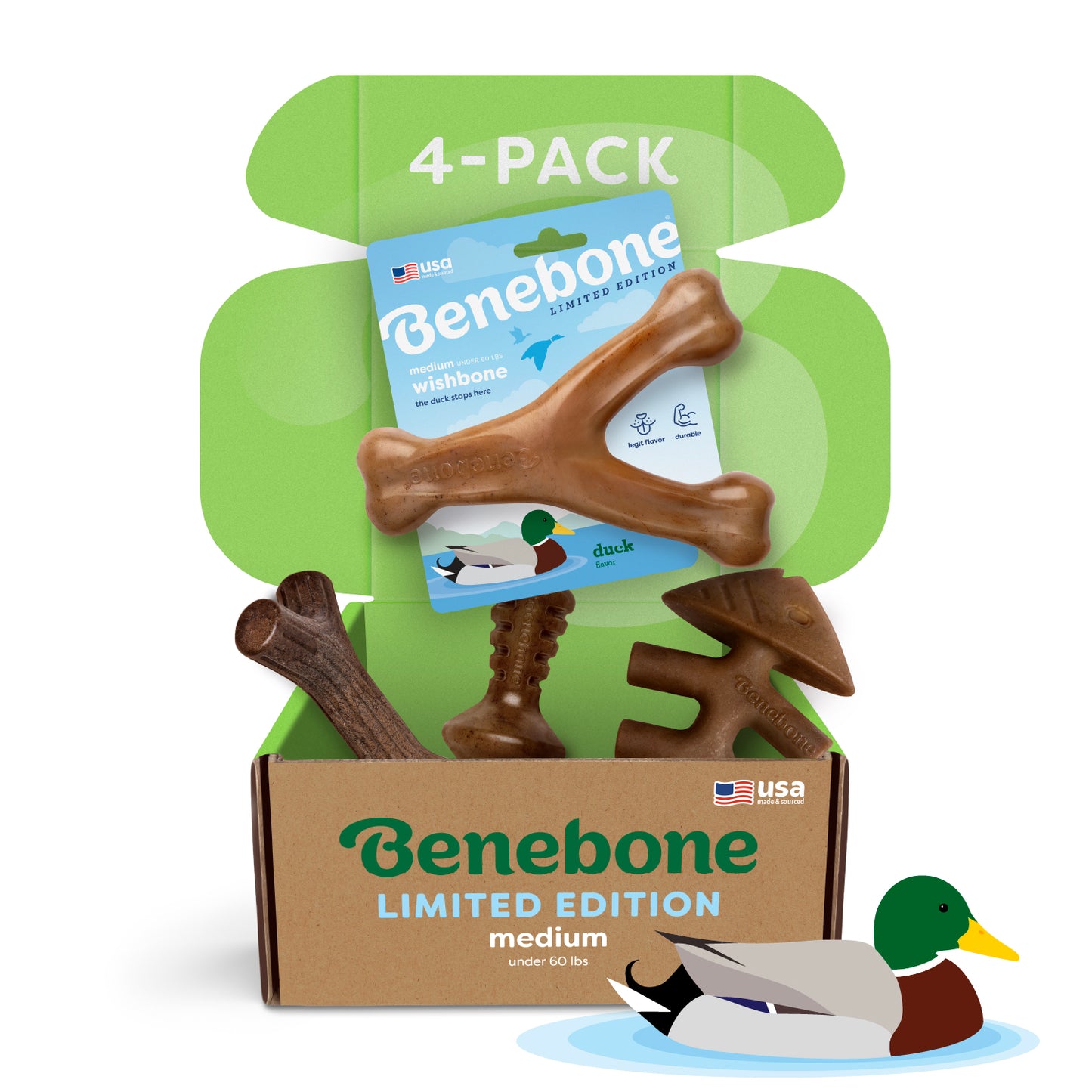 A Benebone Limited Edition Chew Collection (4-Pack) box is open, showing four durable brown dog chew toys in different shapes. The packaging highlights the Benebone brand, a duck illustration, and notes the flavor as duck.