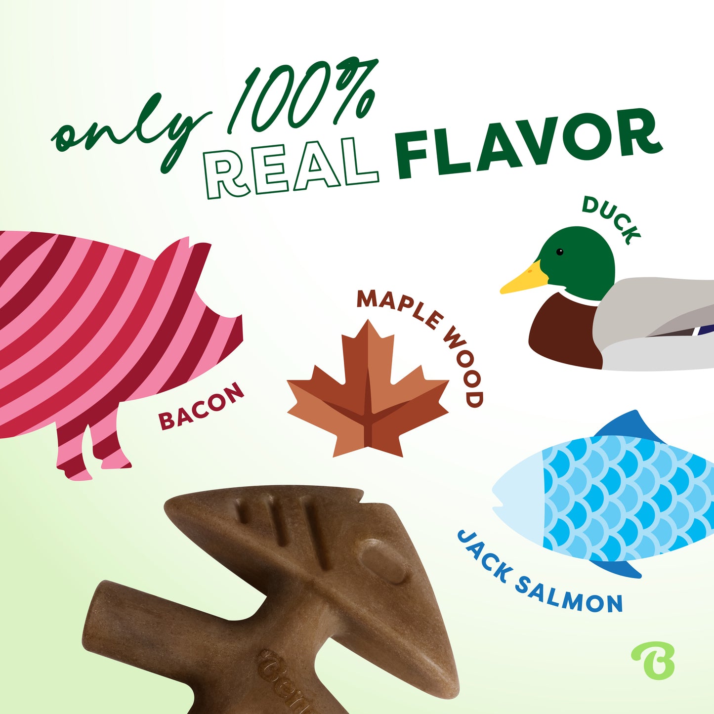 Icons of bacon, maple wood, duck, and jack salmon flavors appear with “Only 100% REAL FLAVOR” above Benebone’s Limited Edition Chew Collection (50% off) durable dog fish-shaped toy.