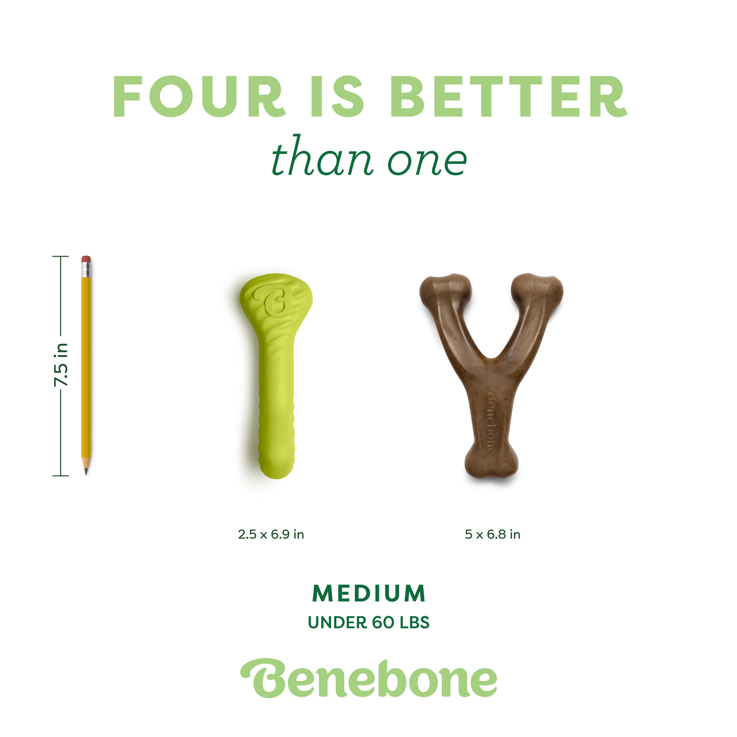 Three items shown: a pencil (7.5 in), a yellow chew (2.5 x 6.9 in), and a brown Y-shaped Benebone toy (5 x 6.8 in). Text: FOUR IS BETTER than one, MEDIUM UNDER 60 LBS, Chew & Chase Collection by Benebone—now 50% off!.