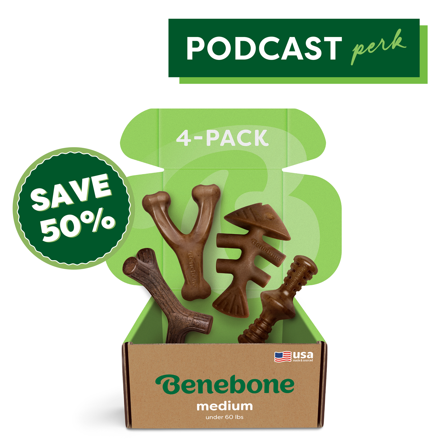 Open a Benebone Classic Chew Collection box containing four durable, real-flavor-infused chew toys. Text reads PODCAST perk, 4-PACK, SAVE 50%, plus a small USA flag icon. Brand: Benebone.