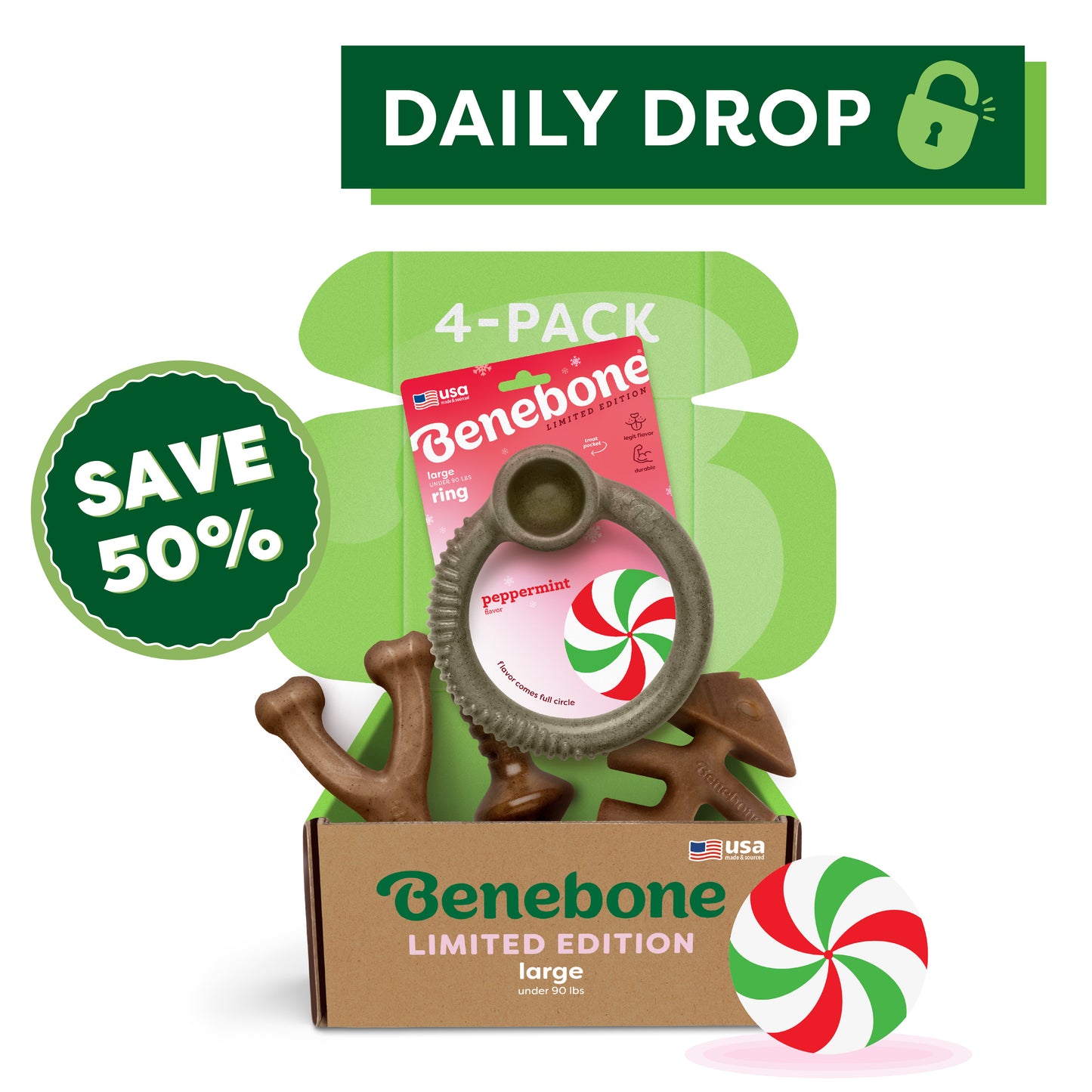 Unbox the Benebone Limited Edition Chew Collection (4-Pack) featuring durable dog toys, including a peppermint ring. Packaging shows "DAILY DROP," "SAVE 50%" text, candy icon, and green design.