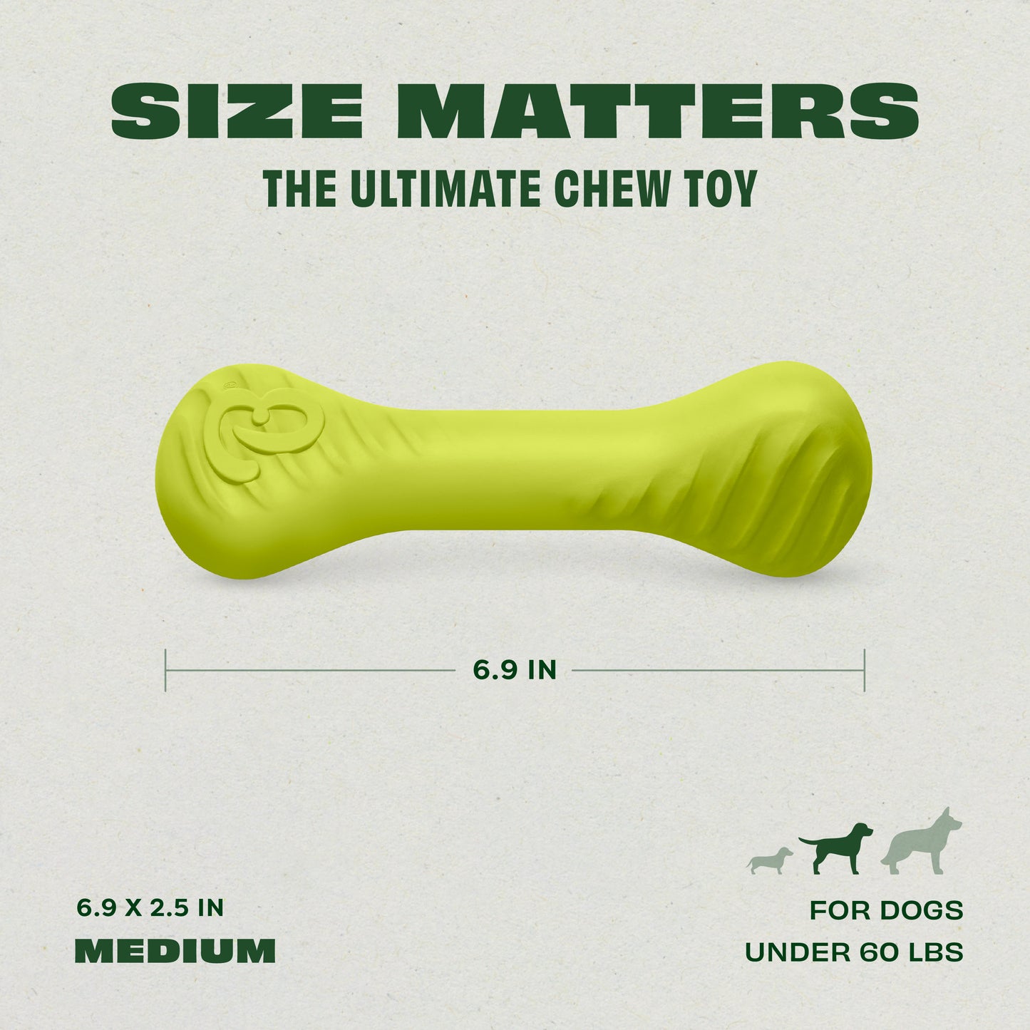 A vibrant green Benebone Bone chew toy, shaped like a bone and labeled “Size Matters: The Ultimate Chew Toy.” This durable 6.9-inch toy suits medium dogs under 60 lbs. Three dog size icons shown.