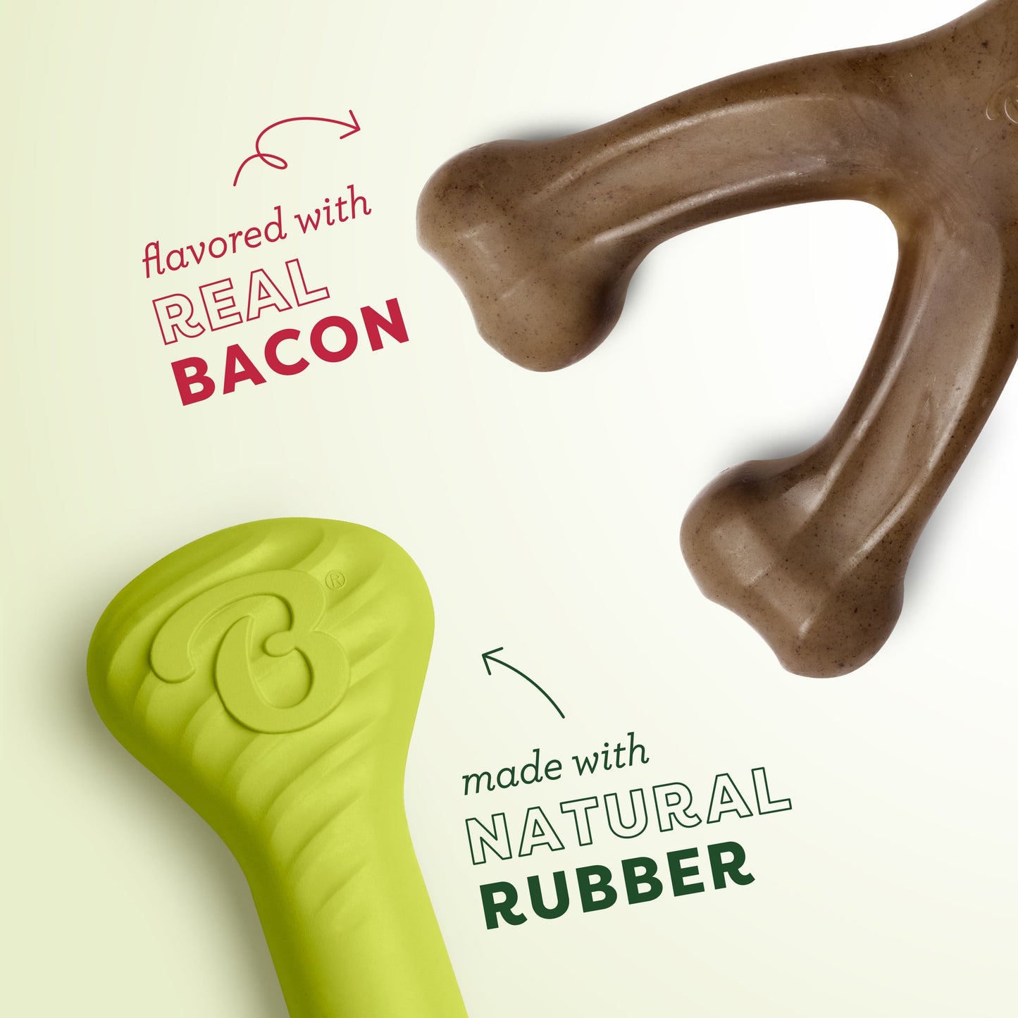 The Benebone Wishbone is Flavored with Real Bacon. The Benebone Bounce Bone is Made with Natural Rubber.