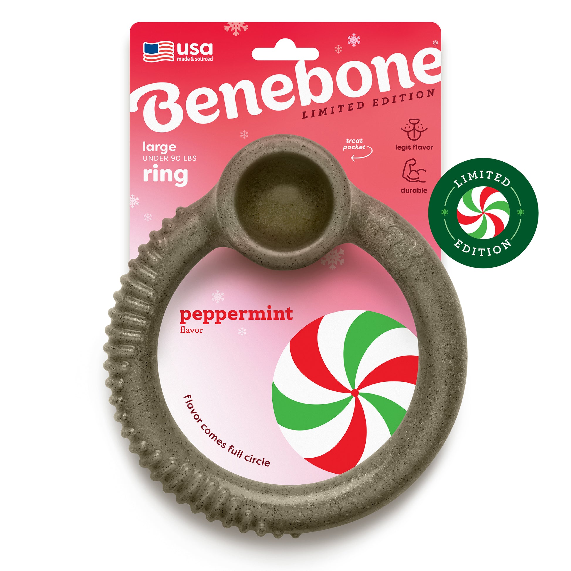 The Benebone Peppermint Ring is a large, limited edition holiday dog chew with a festive peppermint flavor, shown in packaging with a green Limited Edition badge and red-green peppermint swirl design.