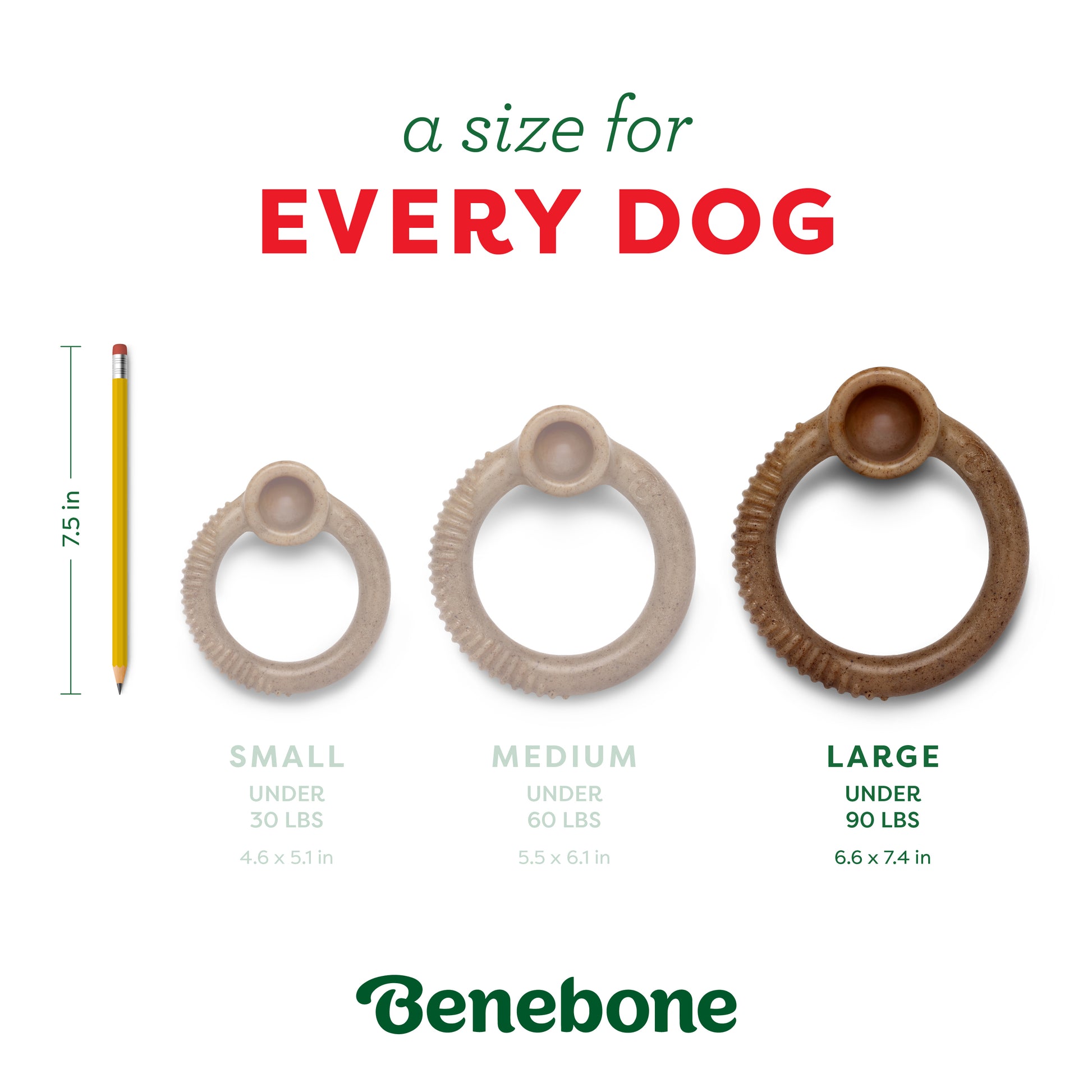 Three brown Benebone Peppermint Ring dog chew toys are shown in small, medium, and large sizes next to a 7.5-inch pencil for scale—a size for every dog. Benebone logo at the bottom. Perfect holiday chew toy.