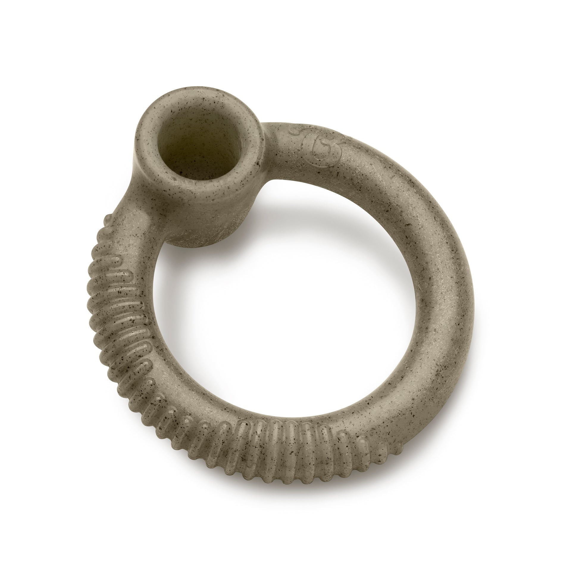 The Benebone Peppermint Ring is a circular, textured, light gray dog chew toy with a ribbed section and a raised hollow cylinder—perfect for holiday chewing.