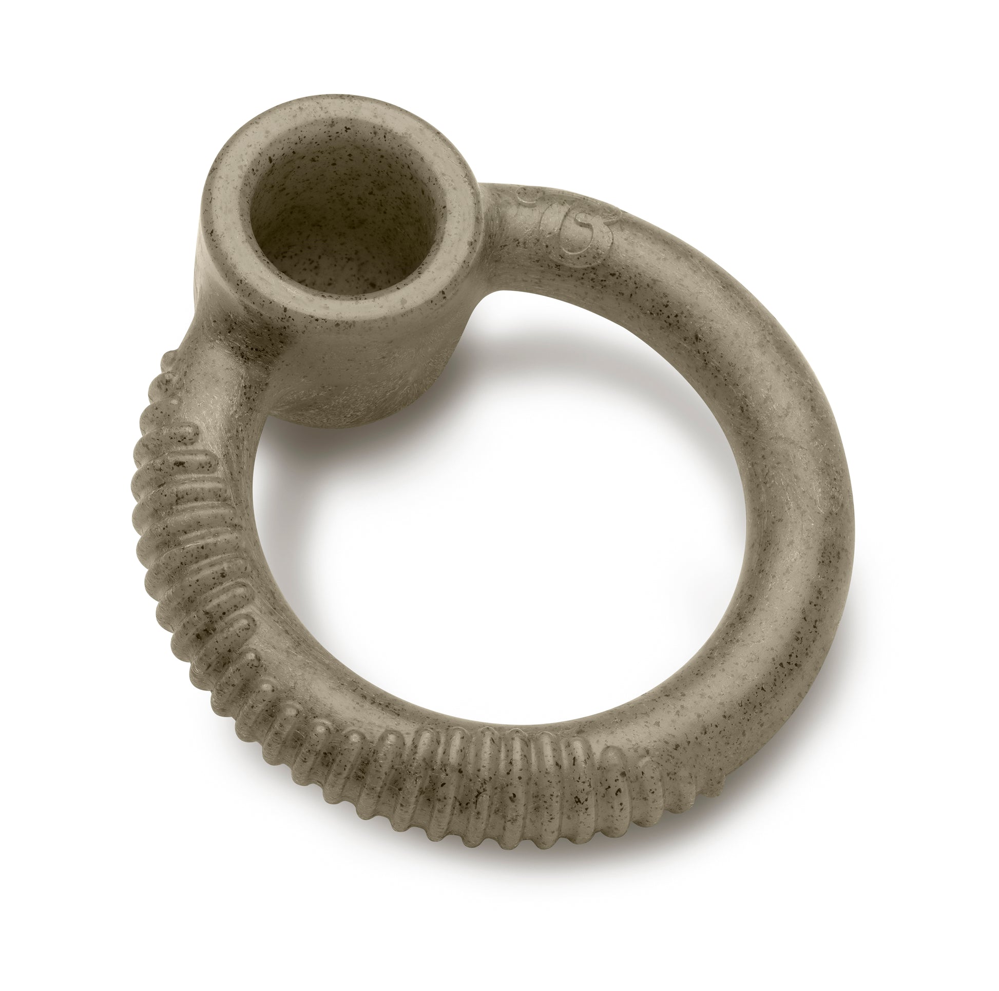 The Benebone Peppermint Ring is a textured, gray circular dog toy featuring a raised, hollow cylindrical section on one side, shown on a white background.