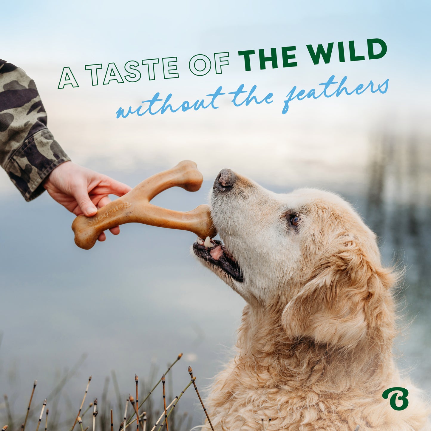 A Taste of the Wild Without the Feathers: A golden retriever looks up at his owner, who is wearing a camo shirt and holding the limited-edition Duck Wishbone.