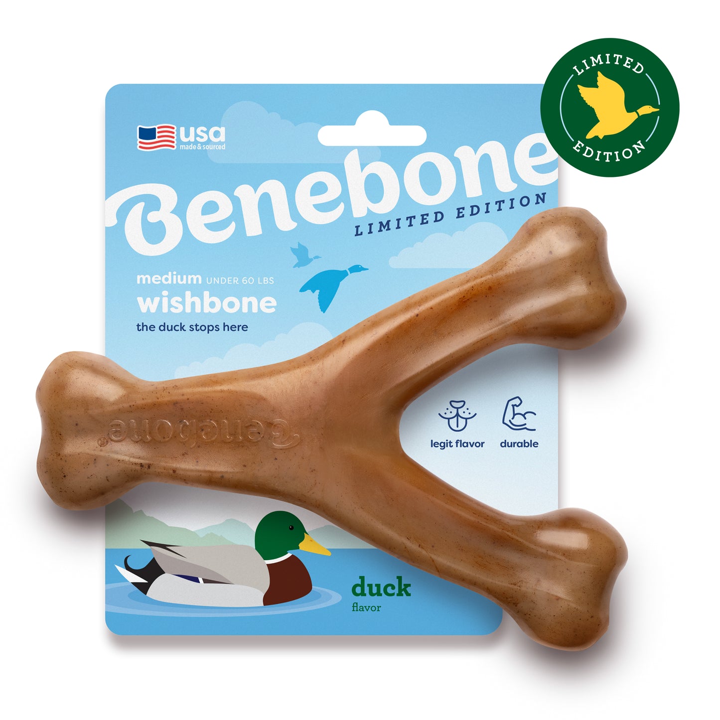 The Limited-Edition Duck Wishbone in Packaging (size medium - for dogs under 60 lbs)