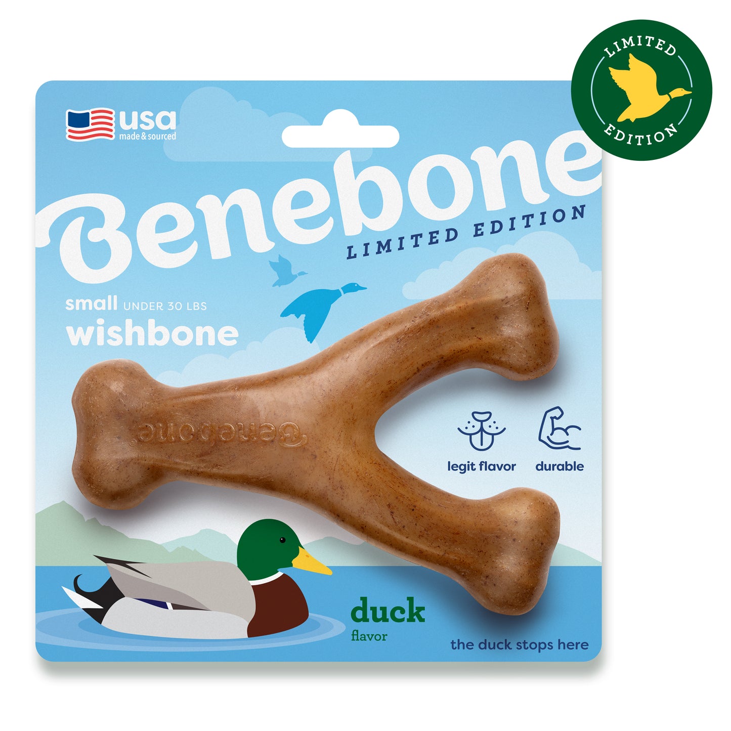 The Limited-Edition Duck Wishbone in Packaging (size small - for dogs under 30 lbs)