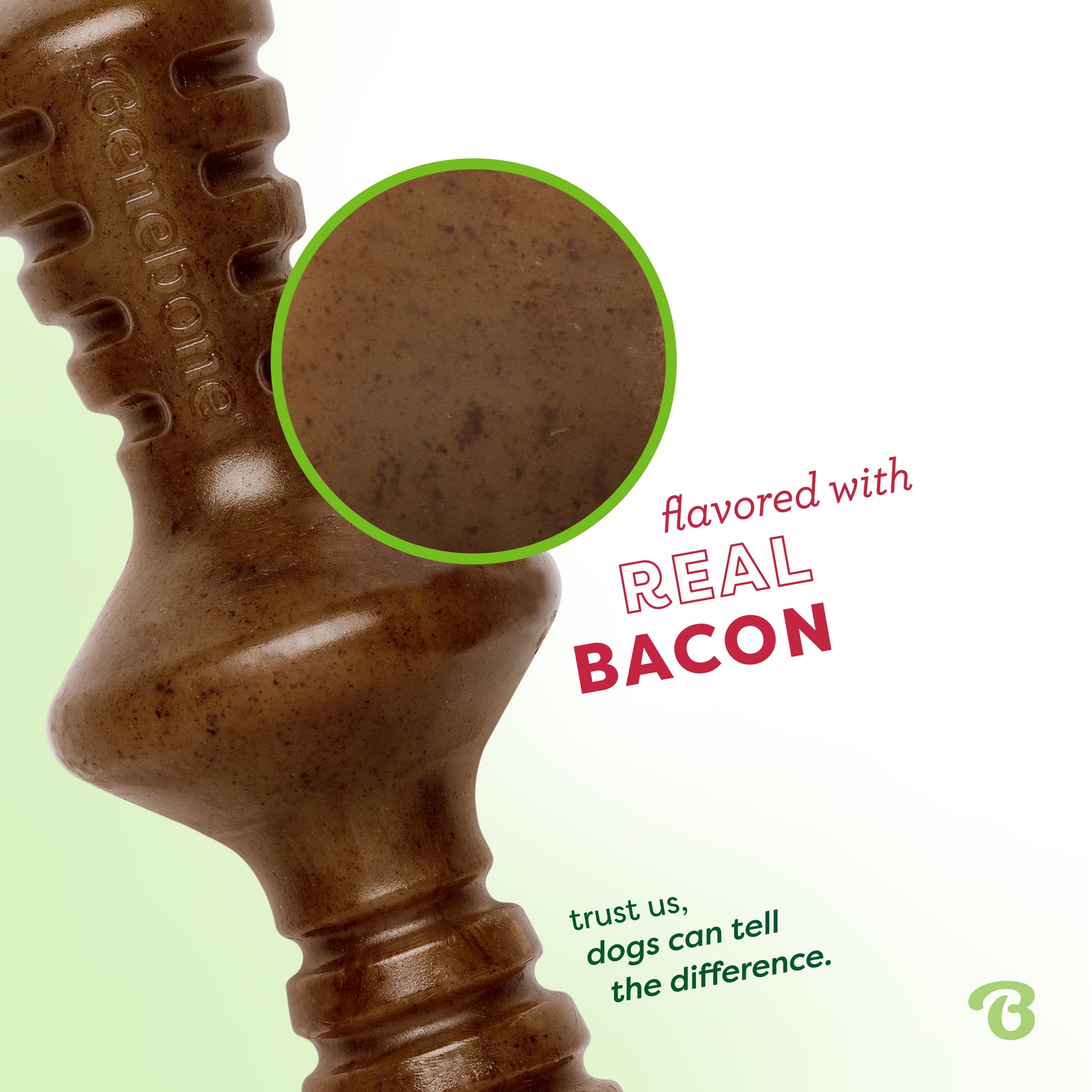 Flavored with real bacon. Trust us, dogs can tell the difference. Up close photo of a Benebone bacon zaggler.
