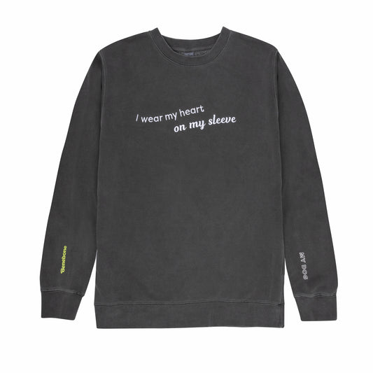 Benebone gray shirt with text on front "I ear my heart on my sleeve" "my dog" text is on sleeve and other sleeve says benebone