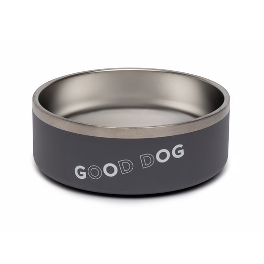 Gray Dog bowl merch with text "Good Dog"  printed on it