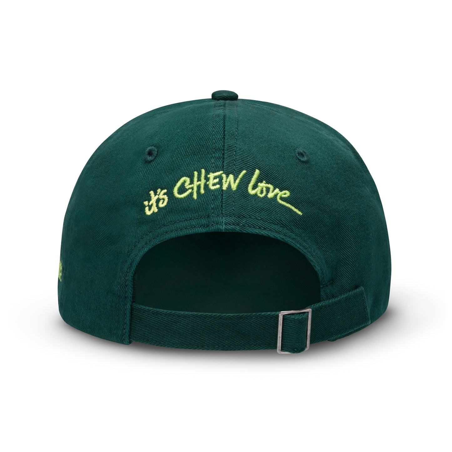 Green Benebone hate with text on back "it's chew love"