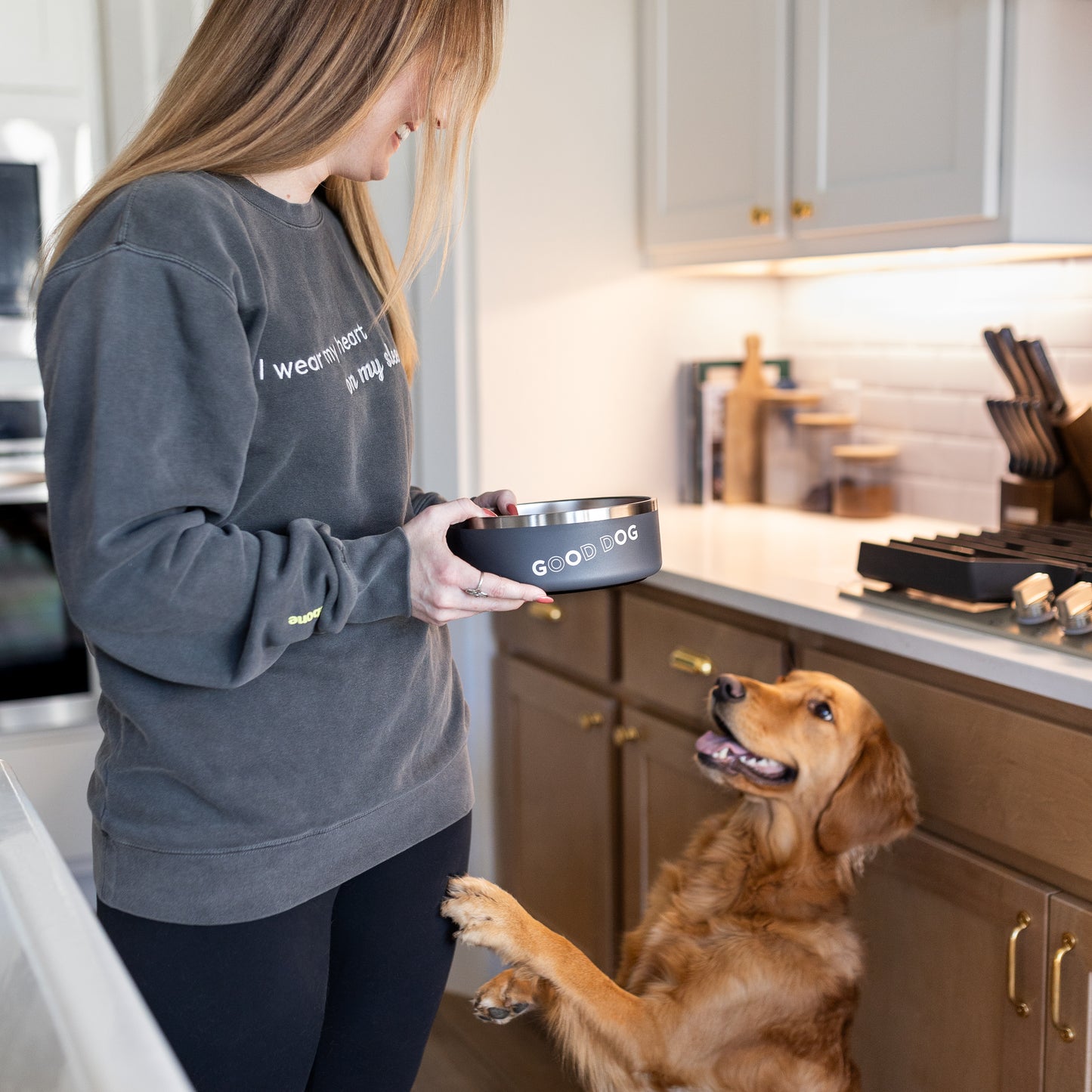 Women with Dog and good human dog bowl