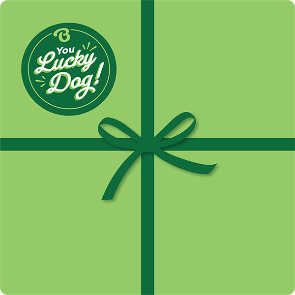 A green gift box with a dark green bow and a “You Lucky Dog!” sticker—perfect for gifting Benebone’s Limited Edition Peppermint Chew Collection (4-Pack) dog toys.
