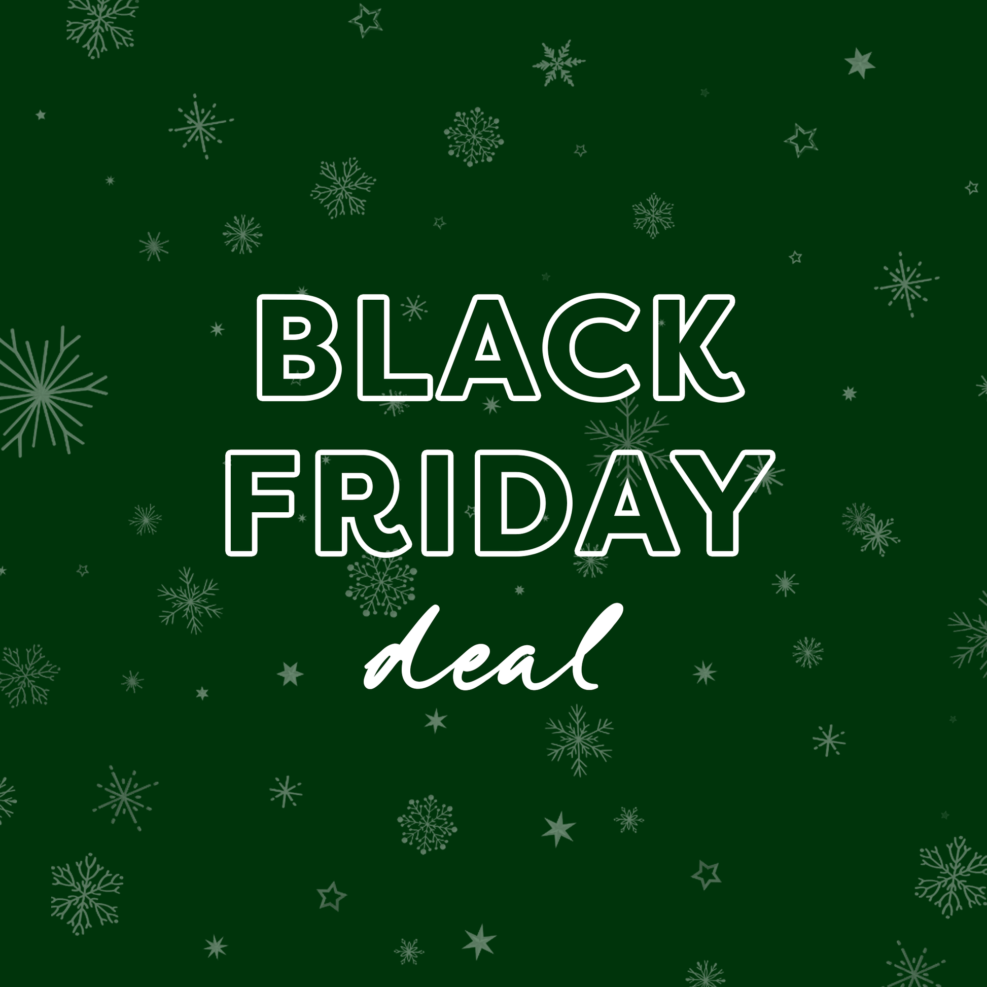 Dark green background with light snowflakes and stars. Bold white "BLACK FRIDAY" text; "deal" in cursive underneath. Festive holiday design promotes Benebone’s Wishbone Trio (3-Pack)—perfect for fans of durable dog chew toys.