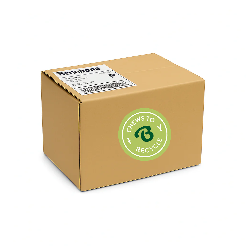 A brown shipping box features a Benebone Recycling Label on top and a green circular sticker on the side with arrows, the B logo, and CHEWS TO RECYCLE.