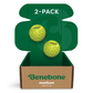An open Benebone box labeled “medium under 60 lbs” displays two green Ball dog toys. The lid reads “2-PACK” on a green background—perfect for treat stuffing and long-lasting play.