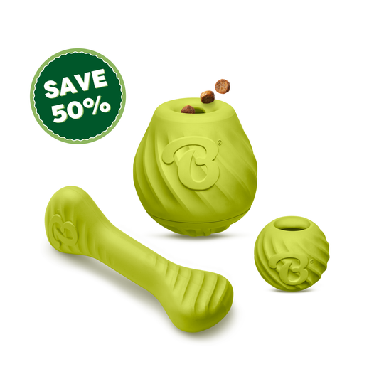 The Benebone Chew, Chase, Challenge Trio includes three green textured enrichment dog toys—a bone, a chase ball, and a treat dispenser—now 50% off.