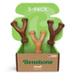 An open box labeled Benebone Wishbone Trio for small dogs under 30 lbs contains three durable wishbone-shaped toys in various browns. The box reads 3-PACK, shows a USA flag, and is set against a green background.