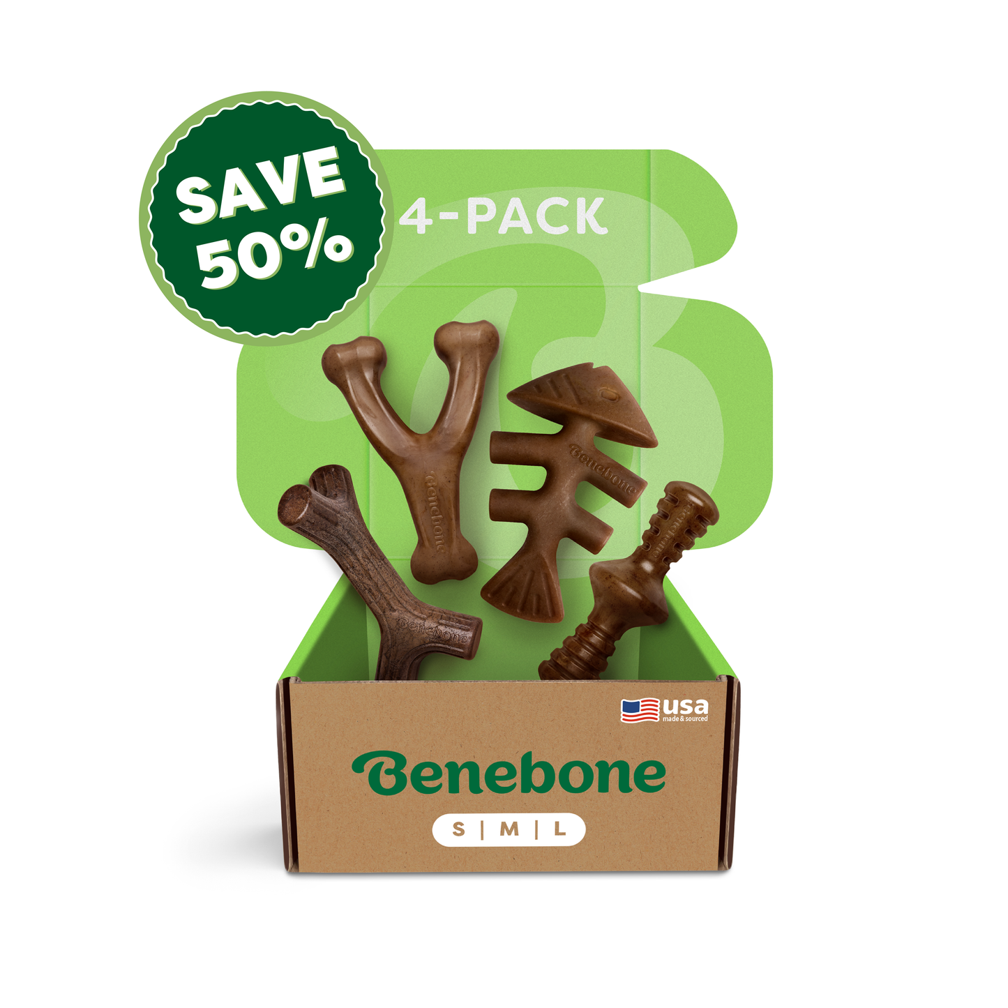 A box labeled Benebone displays four Classic Chew Collection dog chew toys in unique shapes, with a green sign above reading "SAVE 50%" and "4-PACK." A USA flag is also visible.